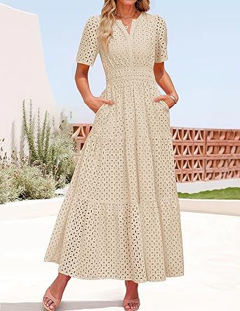 Womens 2025 Summer Maxi Dress Short Sleeve V Neck Hollow Out Eyelet A Line Long Flowy Beach Vacation Dresses