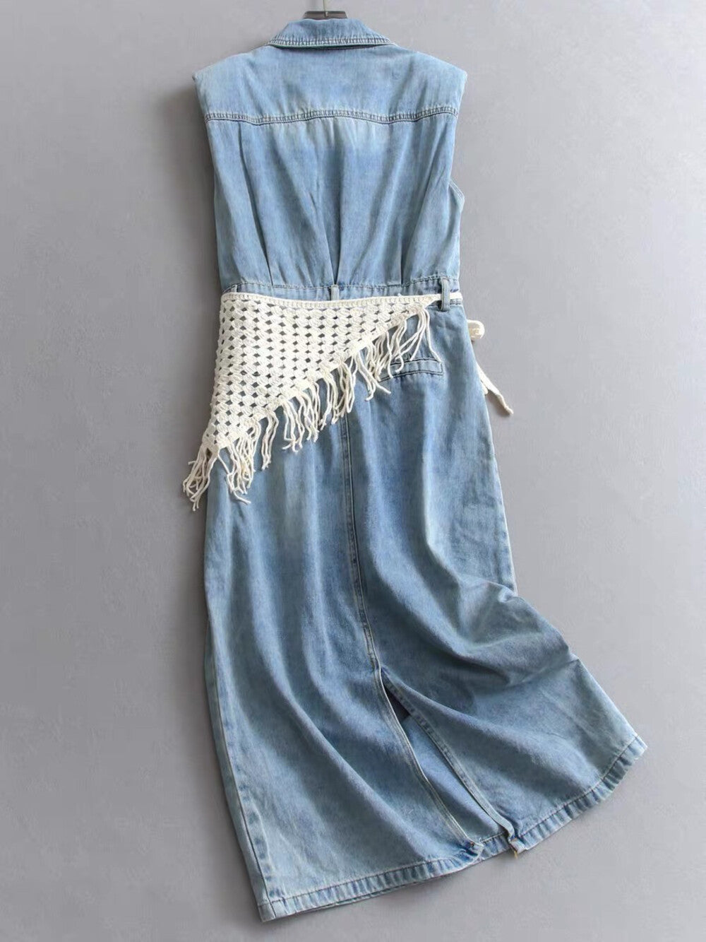 Women's Light Blue Washed Denim Sleeveless Lapel Collar Pearl Button Maxi Dress Lace Floral Chest Pockets Elastic Waist with Free Woven Tassel Waist Accessory S M L XL - Seldom Seen Styles