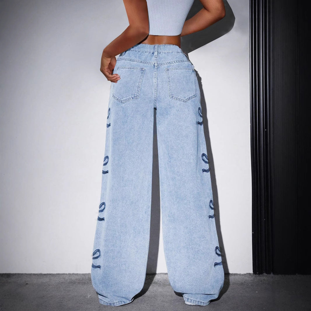 Women's High Waist Wide Leg Jeans - Bow Embroidery Detail - Button Fly