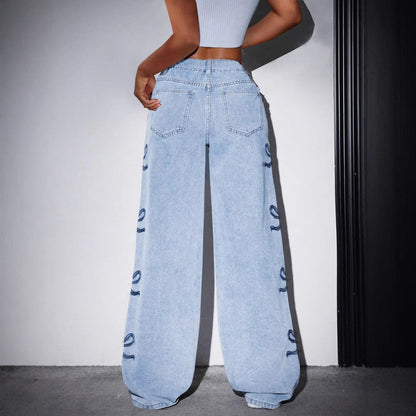 Women's High Waist Wide Leg Jeans - Bow Embroidery Detail - Button Fly