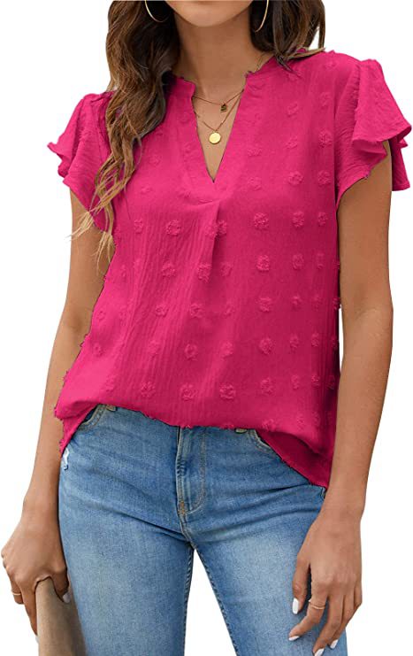 Blooming Jelly Womens White Blouse V Neck Ruffle Sleeve Flowy Shirts Dressy Casual Cute Summer Tops