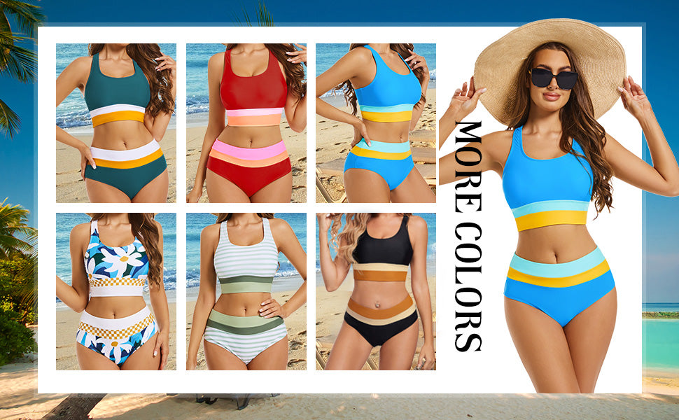 2 Piece Swimsuit for Women 2024 High-Waisted Color Block Bathing Suits Modest Sporty Bikinis Set - Seldom Seen Styles