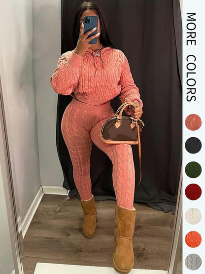 Women's Minimalist Textured Long Sleeve Crop Hooded Sweater & High Waist Skinny Pants Set, Casual Cozy Lady Knitwear Outfits Suits, Basic Womenswear