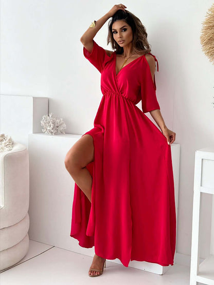 off the shoulder maxi dress long modest dress Mid-Length Dress with Five-Quarter Sleeves