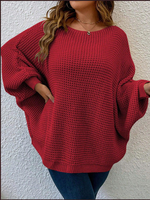 【Plus Size】 Solid Batwing Sleeve Boat Neck Sweater, Fall Outfits,-Casual Long Sleeve Jumper for Fall, Women's Plus Clothing for Daily Wear,-Back To School Outfit - Seldom Seen Styles