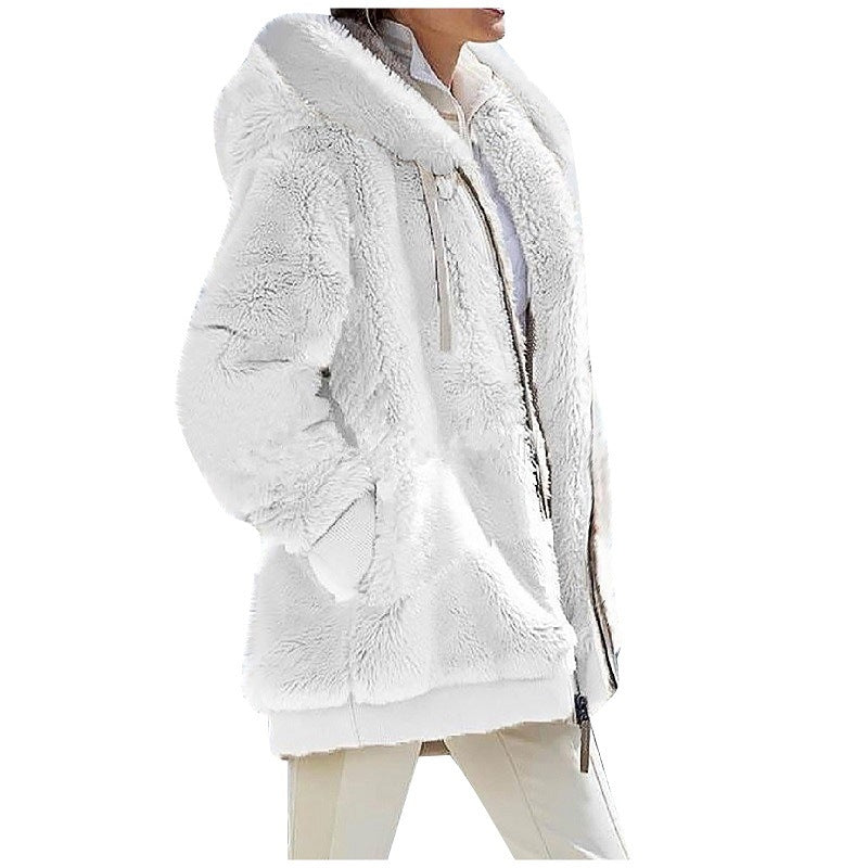 Cross-Border Amazon Hot Europe and America2023Autumn and Winter Loose Plush Long Sleeve Zipper Pocket Hooded Warm Jacket Women