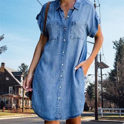 Women'S Casual Faux Denim Dress, Polyester Blend, V-Neck, Lapel Collar, Short Sleeve, Solid Color, Summer Knit Fabric, A-