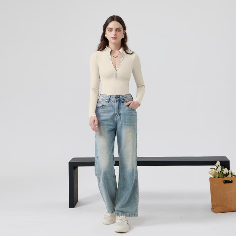 Women's 2 Piece Bodysuits Sexy Ribbed One Piece Zip Front Long Sleeve Tops Bodysuits - Seldom Seen Styles