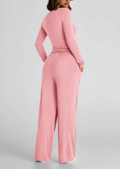 Autumn Solid Color Casual Suit Waist Pleated Long Sleeve Top with Trousers