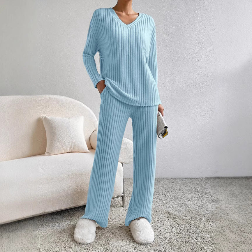 V Collar  Stripe Knitted Suit Two-Piece Set for Women2024Autumn New Fashion Casual Straight-Leg Pants Loose Temperament