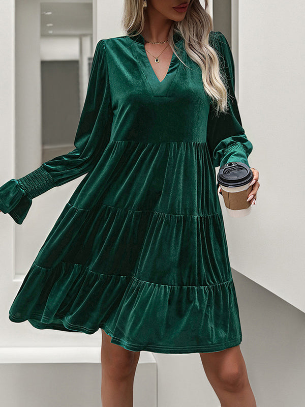 A-Line Long Sleeves Pleated Solid Color Velvet V-Neck Mini Dresses - Seldom Seen Styles