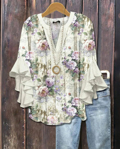 Haut à manches volantées et imprimé floral rétro pour femme, tenue vintage des années 90, chemises amusantes, élégantes et classe, jolie tenue d'été