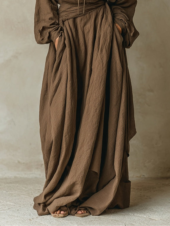 Brown faux cotton linen hooded loose maxi dress