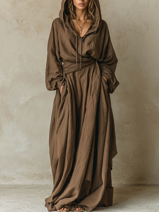Brown faux cotton linen hooded loose maxi dress
