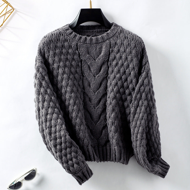 Mao Mao Yu Autumn and Winter New Hollow Twisted Eight Pullover European and American Sweater Women's Loose round Neck Retro Cross-Border Sweater