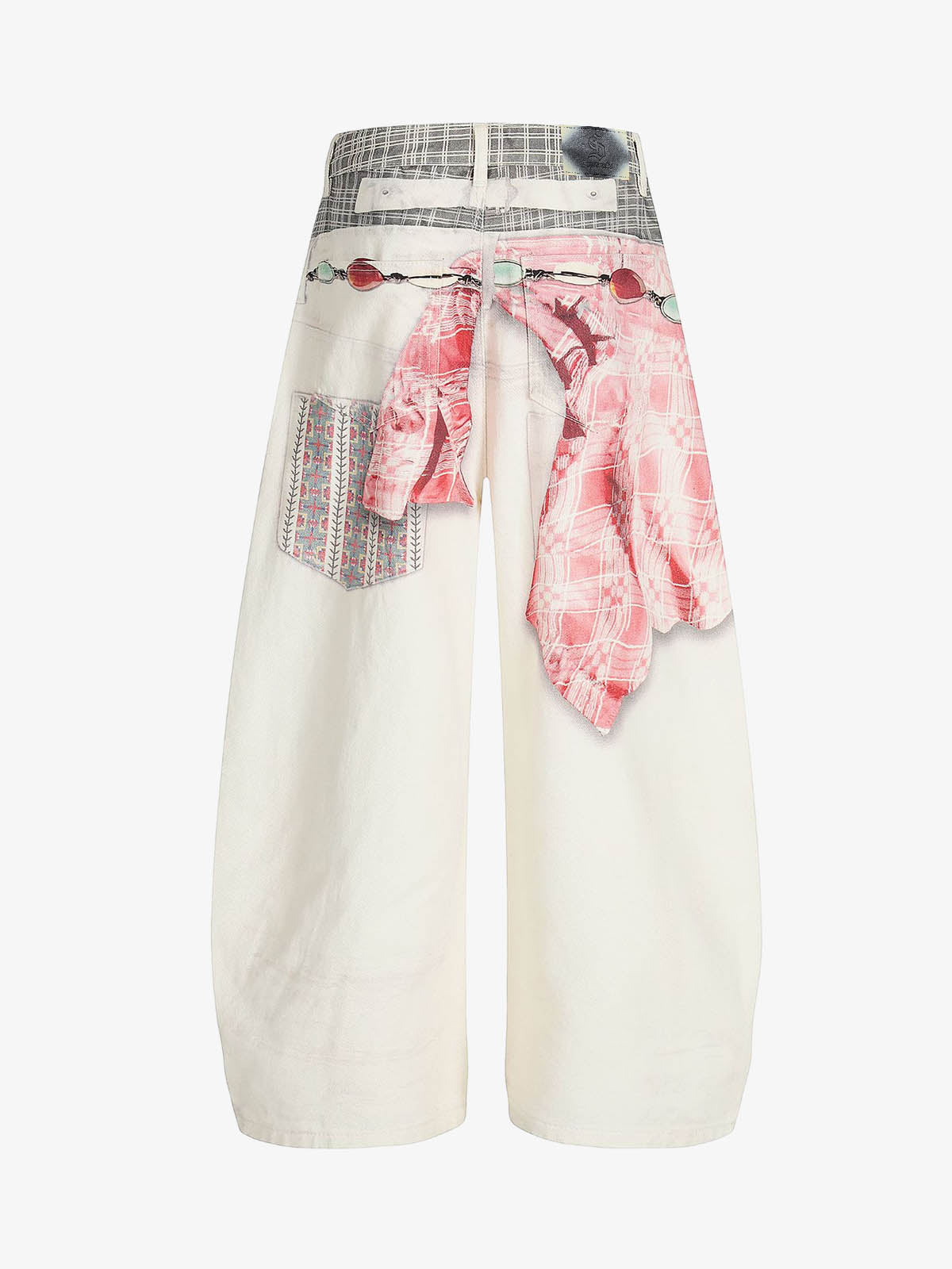 Printed Patchwork Waist Graphic-Drape Barrel Jeans - Seldom Seen Styles