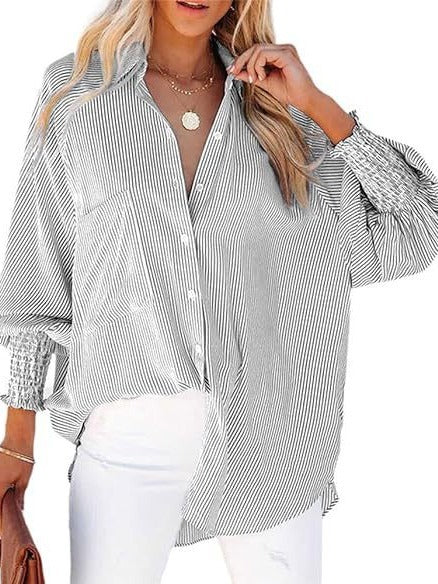 Women's Smocked Cuffed Striped Boyfriend Shirt with Pocket Casual Collar Long Sleeve Blouse Tops for Pocket Shirred