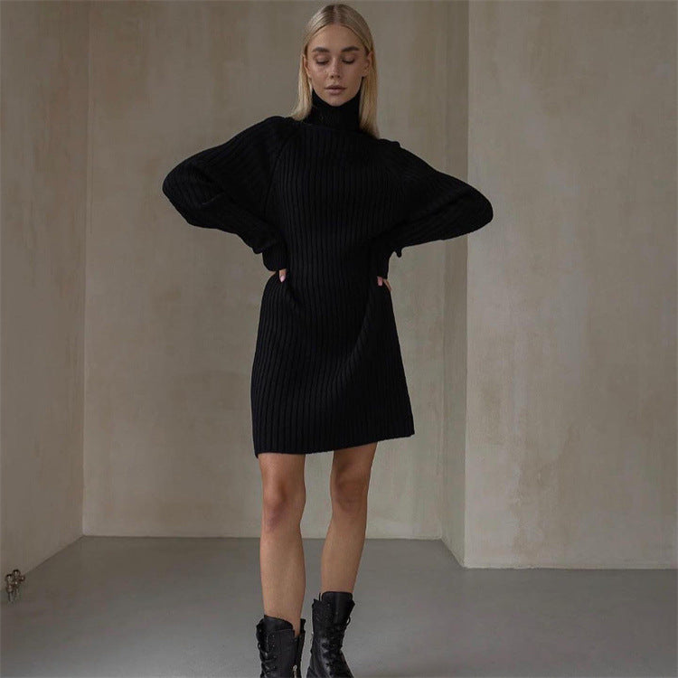 Long Sleeve High Collar Sweater Dress Women Casual Loose Thick Sunken Stripe Solid Color Sheath 2023 Autumn and Winter Knitting Dress