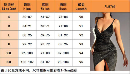 Amazon Europe and America Cross Border2023Spring and Summer New Sexy Glitter High Slit Deep V Suspender Dress