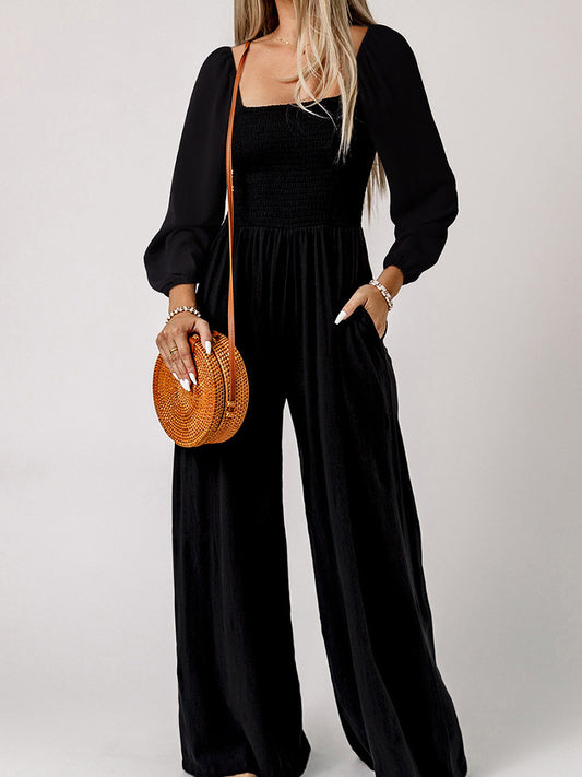 Autumn New Solid Color Wide Leg Trousers Women's European and American Thin Simple Commute Style High Waist Jumpsuit Women One Piece Dropshipping