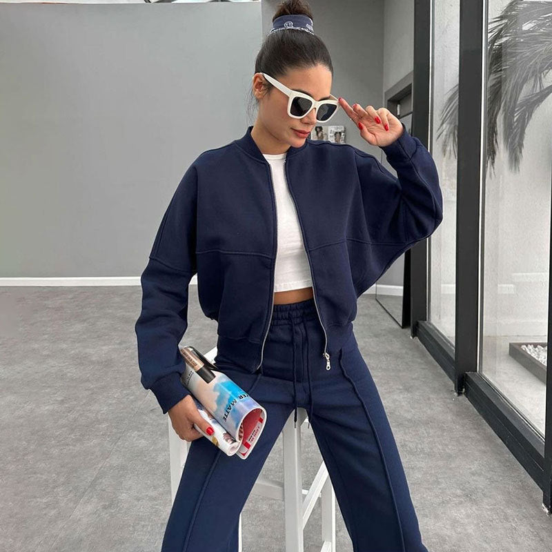 Women's Solid Zip Up Crop Jacket & Drawstring Waist Pants Two-piece Set, Casual Fashion Drop Shoulder Long Sleeve Top & High Waist Trousers Womenswear Suits for Outdoor Wear, Women's Clothing for Spring & Fall 90s Clothes - Seldom Seen Styles