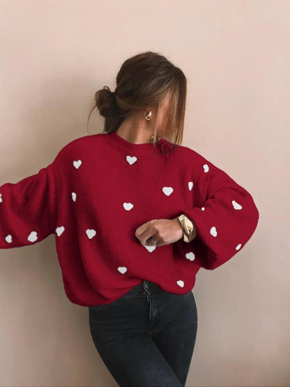 Women's All Over Heart Print Drop Shoulder Sweater, Casual Long Sleeve Round Neck Jumper for Fall & Winter, Fashion Ladies' Knitwear for Daily Wear