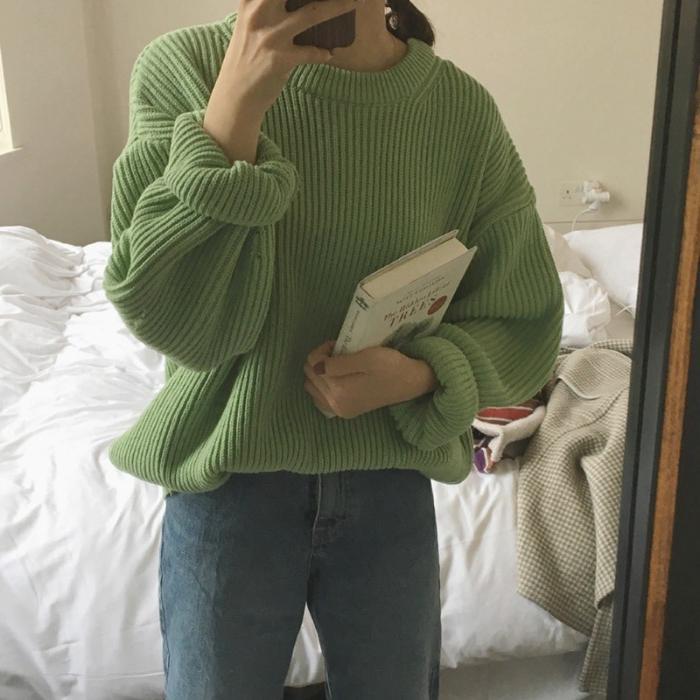 Women's Korean-Style Solid Color round Neck Sweater2023Autumn Idle Style Loose Pullover Base Knitwear Top Fashion