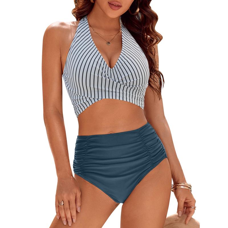 Womens Tummy Control Bathing Suits Modest High Waisted Bikini Sets Cute Halter 2 Piece Swim Suit 2024 - Seldom Seen Styles