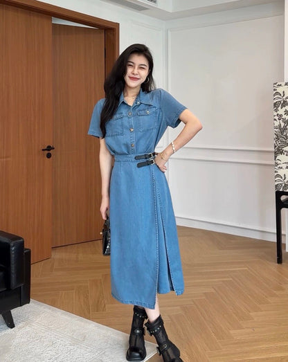 Women's Blue Denim Short Sleeve Shirt Dress with Belt Front Slit Midi Length Plus Size M L XL XXL 3XL 4XL