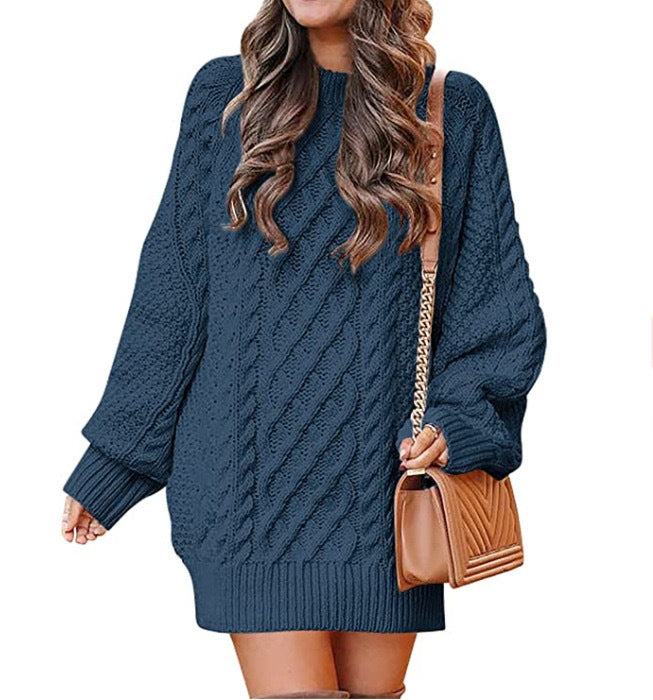 European and American Women's Clothing round Neck Long Sleeve Large Profile Twisted Knitted Thick Needle Pullover Mid-Length Warm Sweater for Women Dress