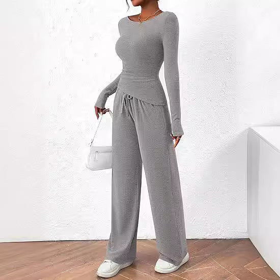 Women's 2-Piece Lounge Sets Asymmetrical Long Sleeve T Shirt Wide Leg Pants Casual Outfit Womenswear Tracksuit  Basic Minimalist Clothing - Seldom Seen Styles