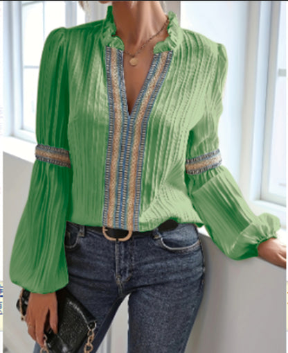 Women’s Lace Trim V Neck Lantern Long Sleeve Blouses Oversized Dressy Casual Loose Fit Business Work Shirts Tops