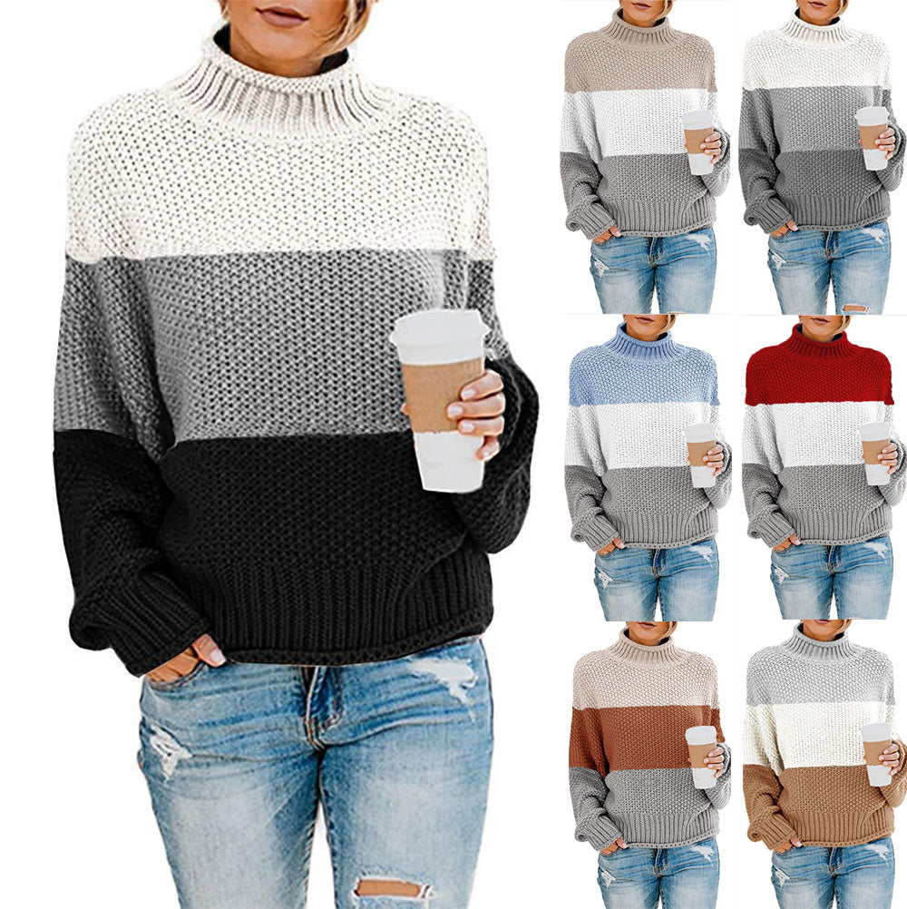 2024Cross-Border wish New Autumn and Winter Sweaters Knitwear Foreign Trade Women's Clothing Amazon Thick Thread Color Matching Turtleneck Pullover