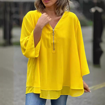 Womens V-Neck Lantern Sleeve Blouse Zipper Design Loose Casual Top Shirts