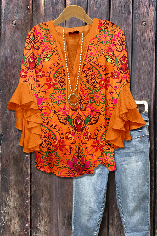 Retro Floral Print Layered Ruffle Sleeve Top Going Outfits Blouses Women Vintage 90s Tops Funny Shirts Women Elegant Classy Tops cute summer outfit - Seldom Seen Styles