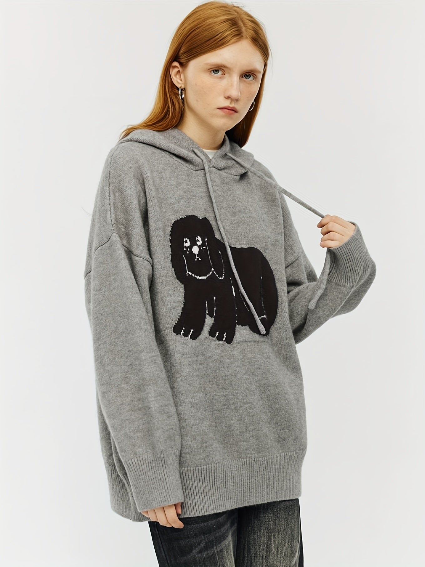 Cartoon Dog Pattern Drawstring Hooded Sweater, Casual Long Sleeve Loose Pullover Sweater, Women's Clothing