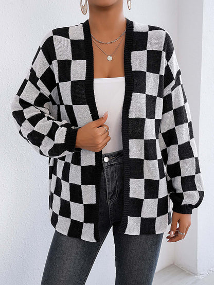 Women's Checkerboard Print Drop Shoulder Cardigan, Casual Long Sleeve Open Front Knitwear for Fall & Winter, Women's Knit Clothing for Daily Wear