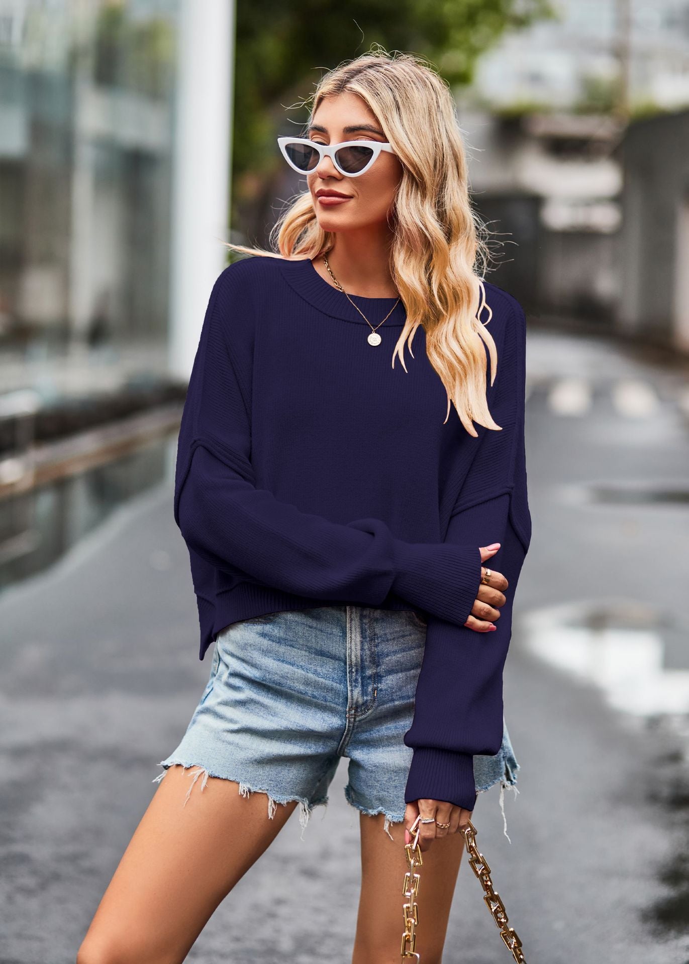 2024Autumn and Winter Amazon European and American New Women's Clothes Fashion round Neck Knitwear Foreign Trade Solid Color Loose Pullover