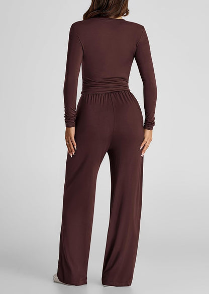 Autumn Solid Color Casual Suit Waist Pleated Long Sleeve Top with Trousers