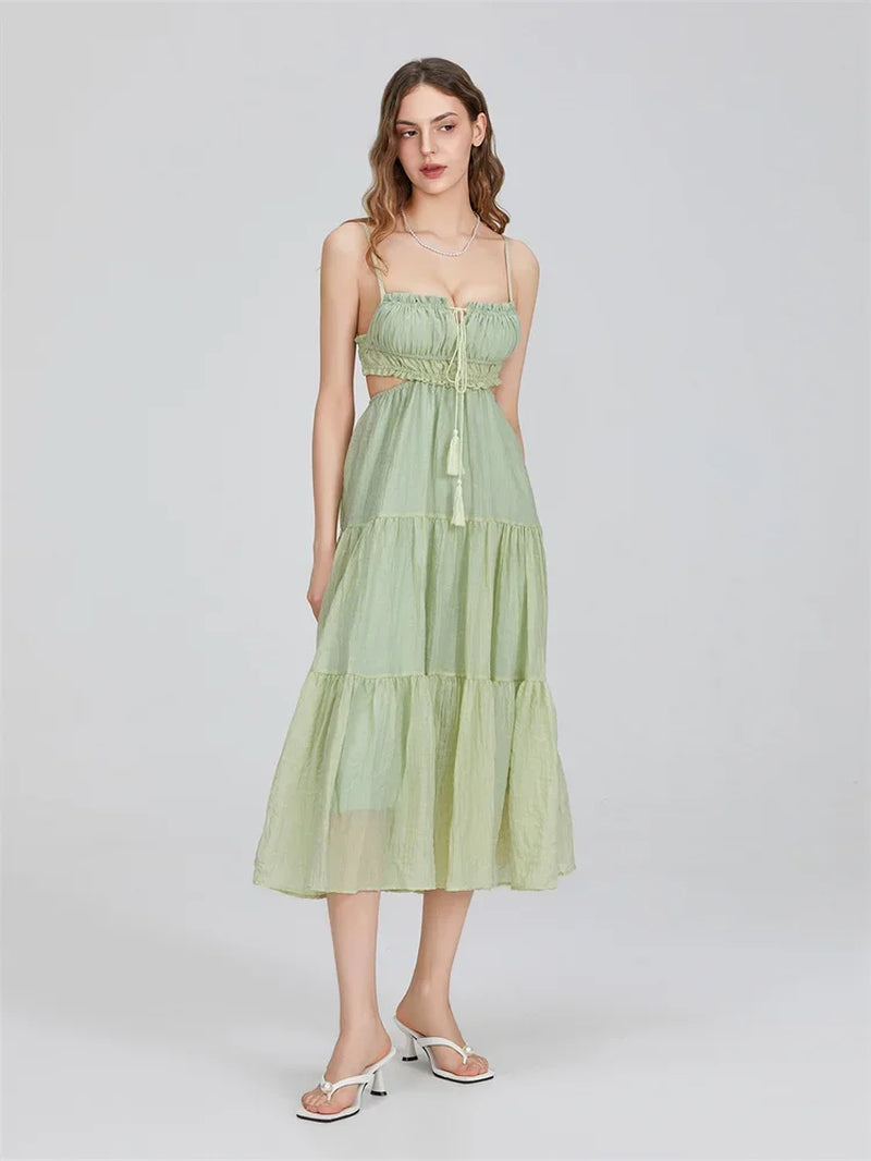 2024 Summer Women Flowy Long Dress Spaghetti Strap Cut Out Backless Ruffle A-Line Dress Bohemian Party Holiday Casual Sundress