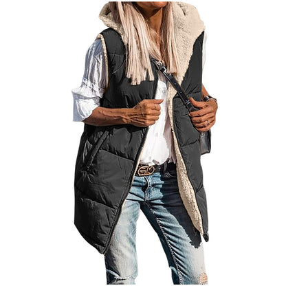 PrettyGarden Women's Warm Reversible Vests Sleeveless Fleece Basic Jacket Zip Up Coat Long Outerwear With Pockets And Hoodie Casual Outfit#Hoodieing