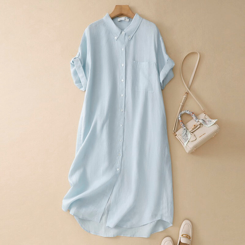 Light Blue Linen Short Sleeve Button Down Shirt Dress Collared Loose Fit Casual Midi Dress - Seldom Seen Styles