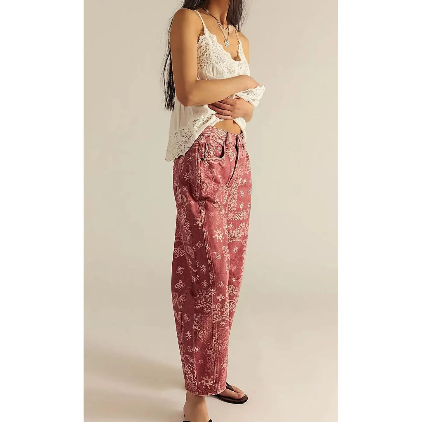 CHOUYATOU Women's Printed Wide-Leg Jeans Y2k Loose Mid-Rise Jeans in Soft Pink with Boho Floral Pattern Casual Denim Trousers - Seldom Seen Styles
