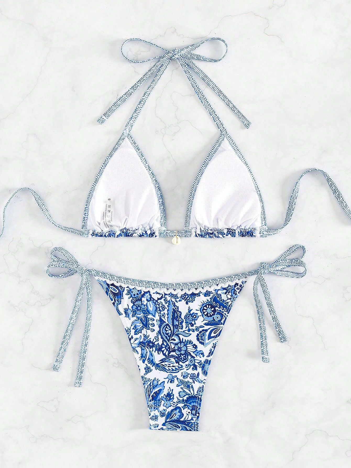 floral bathing suit  New  Blue and White Porcelain Print Lace-up  bikini Split Swimsuit - Seldom Seen Styles