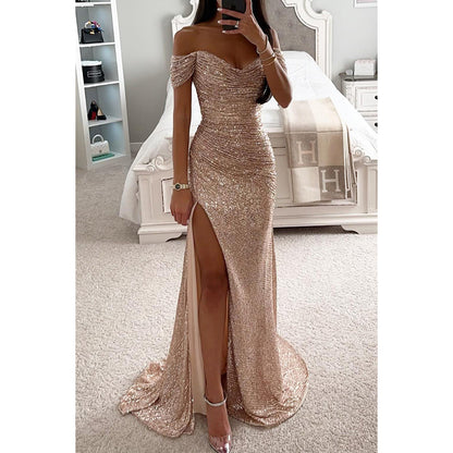 sequin prom dresses strapless sequin dress Split Dress off-Shoulder INS  Fashion low cut maxi Dress for Women