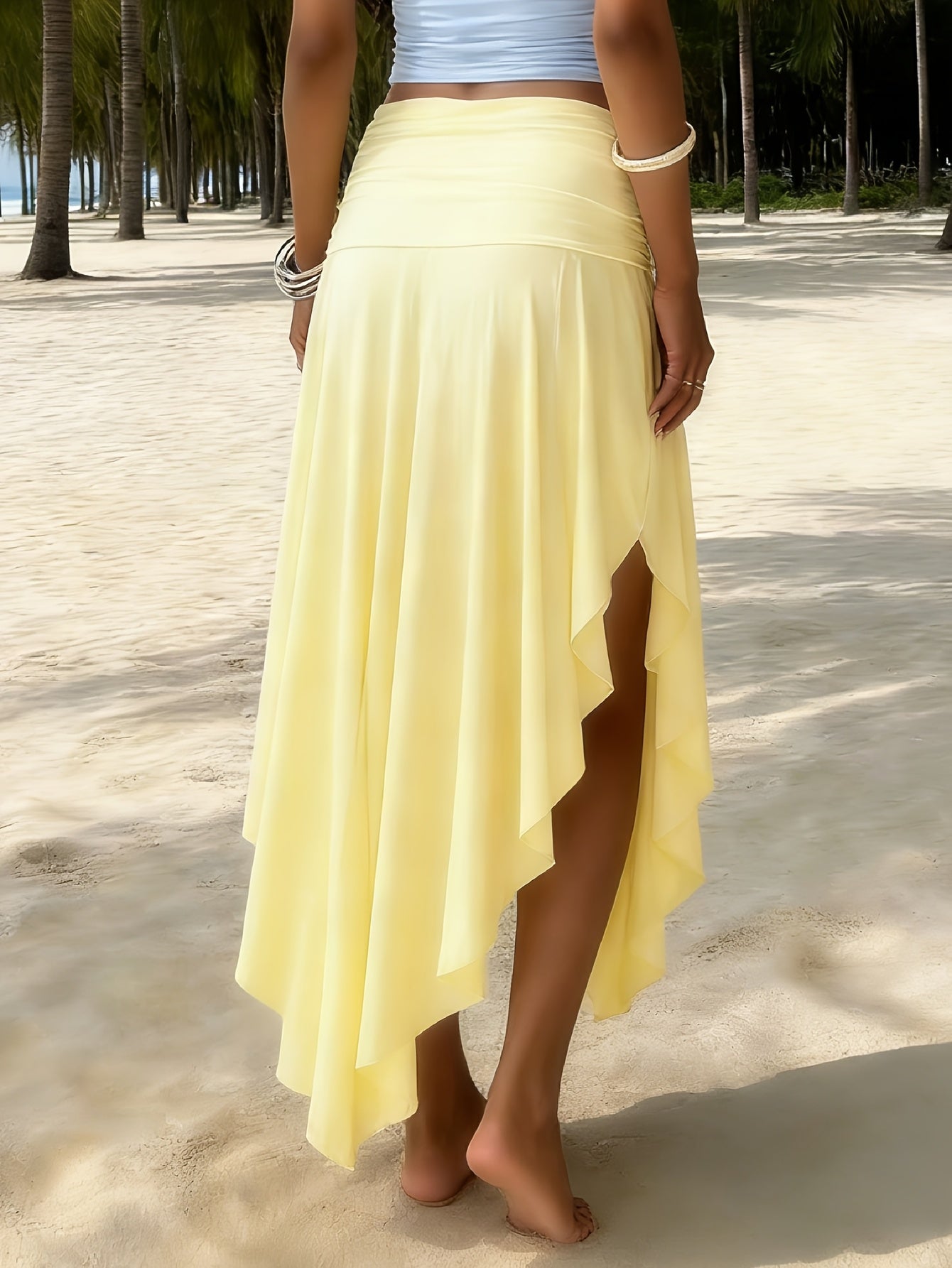 Women's Ruched Waist Asymmetric Ruffle Hem Maxi Skirt