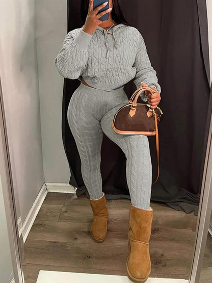 Women's Minimalist Textured Long Sleeve Crop Hooded Sweater & High Waist Skinny Pants Set, Casual Cozy Lady Knitwear Outfits Suits, Basic Womenswear