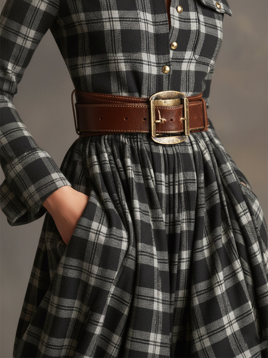 Retro Ethnic Style Lapel Reddish Brown Plaid Maxi Dress - Seldom Seen Styles