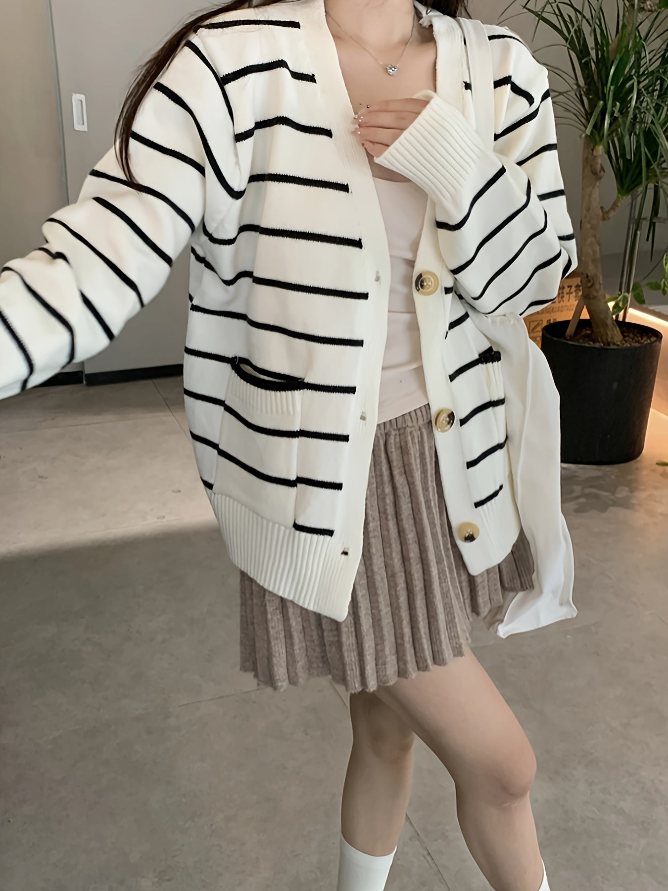 Striped Button Down Knit Cardigan, Casual Long Sleeve Loose Sweater, Women's Clothing