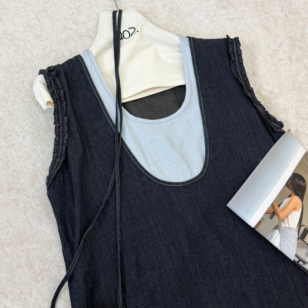Women's Denim Fake Two-Piece Sleeveless U-Neck A-Line Midi Dress Ruffle Shoulder Detail with Free Mini Bag Dark Navy Blue Grey One Size - Seldom Seen Styles